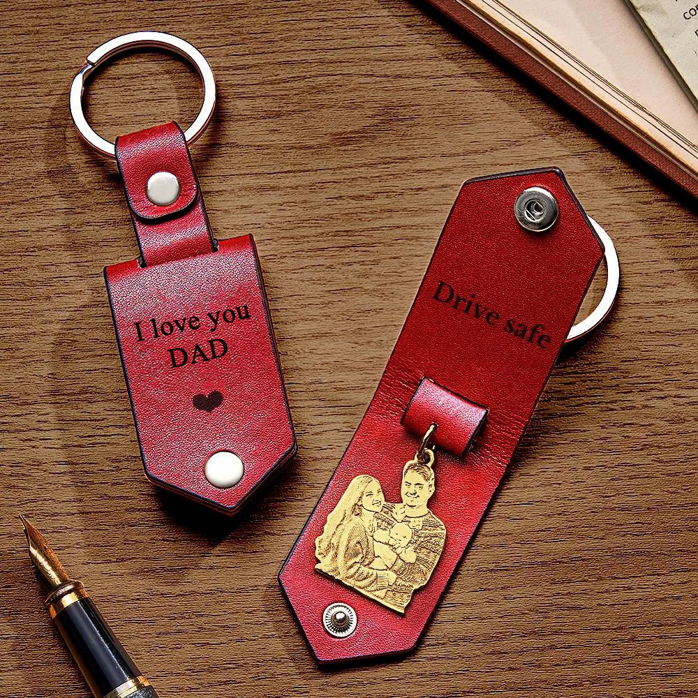Custom Photo Leather Drive Safe Keychain With Engraved Text Key Ring Annivesary Gifts For Father - soufeelmy