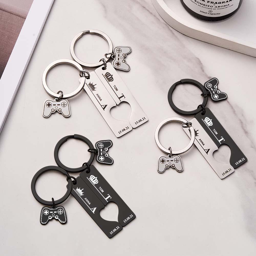 2 Personalized Couple Keychains Engraved Name and Date with Gamepad Charm Keyrings - soufeelmy