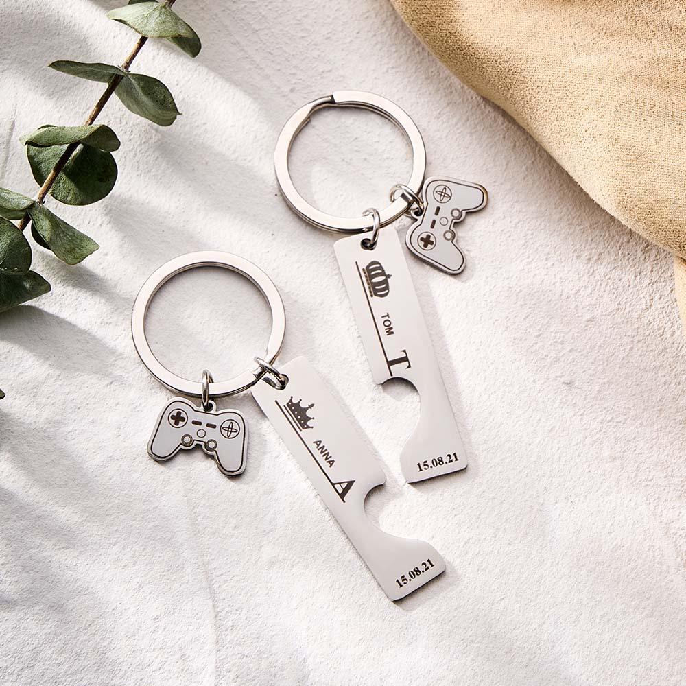 2 Personalized Couple Keychains Engraved Name and Date with Gamepad Charm Keyrings - soufeelmy