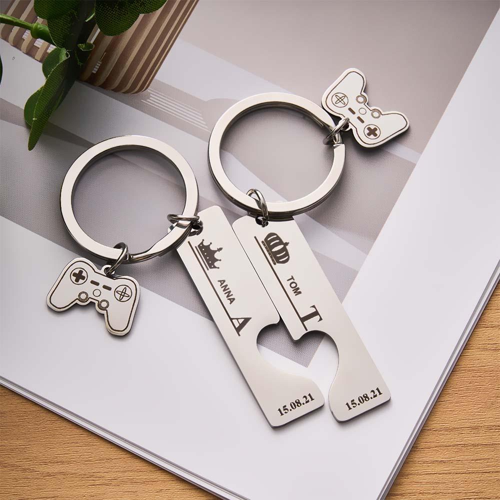 2 Personalized Couple Keychains Engraved Name and Date with Gamepad Charm Keyrings - soufeelmy