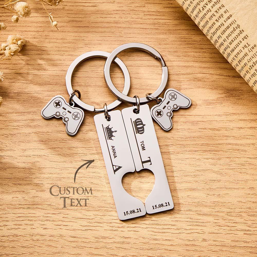 2 Personalized Couple Keychains Engraved Name and Date with Gamepad Charm Keyrings - soufeelmy