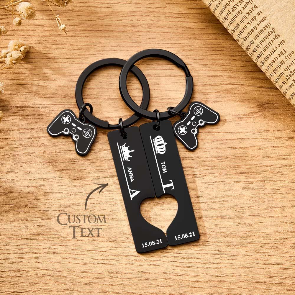2 Personalized Couple Keychains Engraved Name and Date with Gamepad Charm Keyrings - soufeelmy