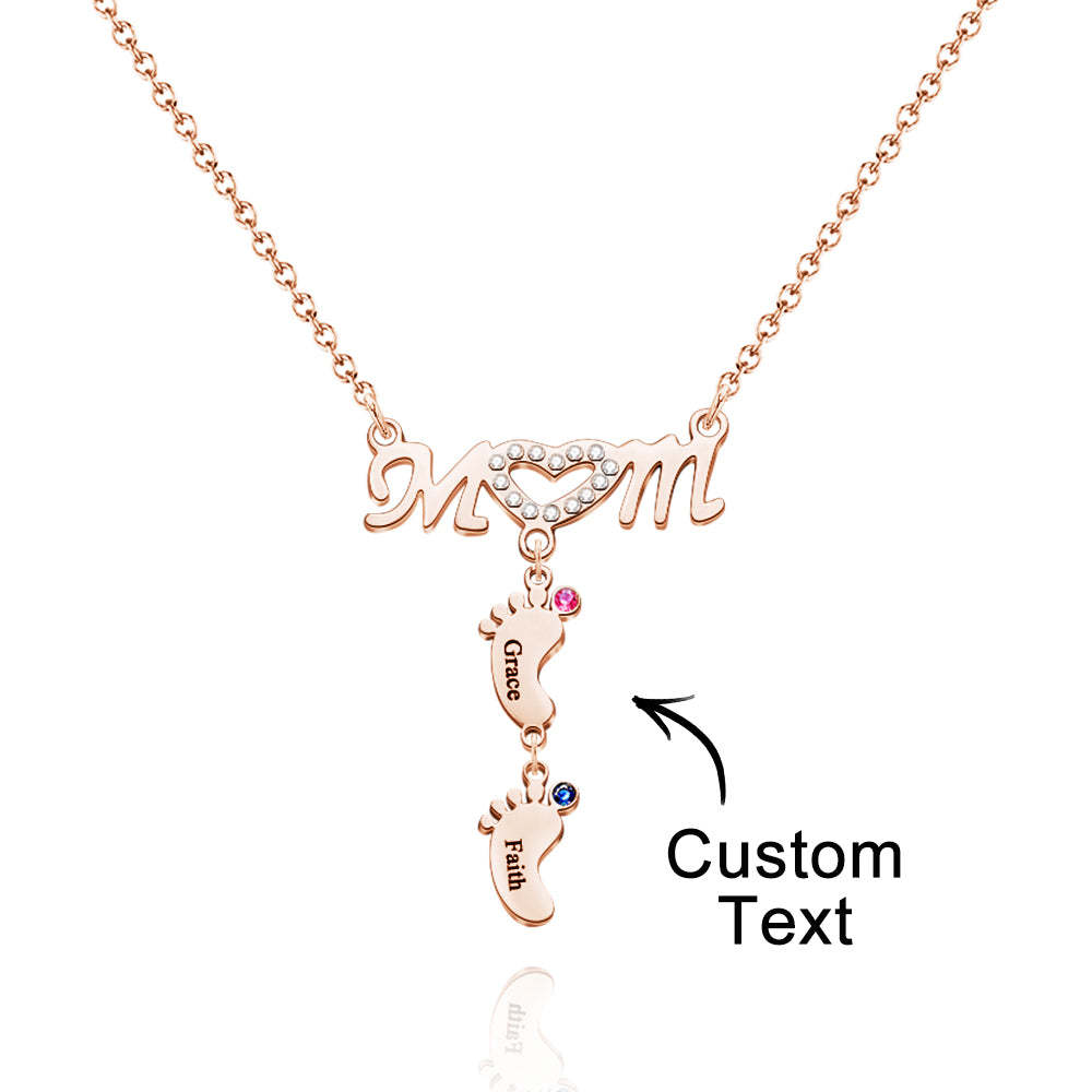 Mother's Necklace With Small Custom Name & Birthstone Baby Foot Charms - soufeelmy