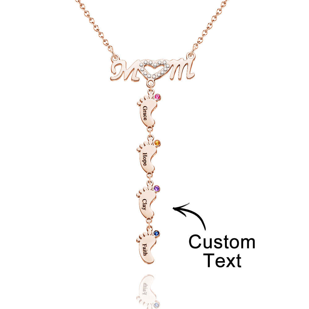 Mother's Necklace With Small Custom Name & Birthstone Baby Foot Charms - soufeelmy