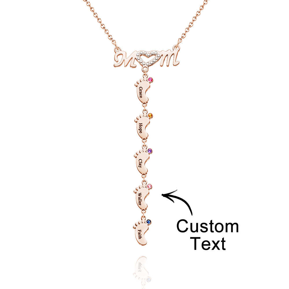 Mother's Necklace With Small Custom Name & Birthstone Baby Foot Charms - soufeelmy