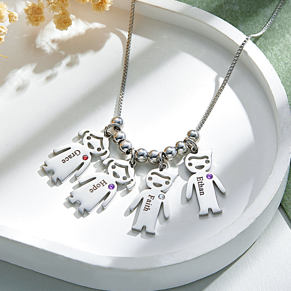 Mother's Necklace with Engravable Birthstone Children's Charms - soufeelmy