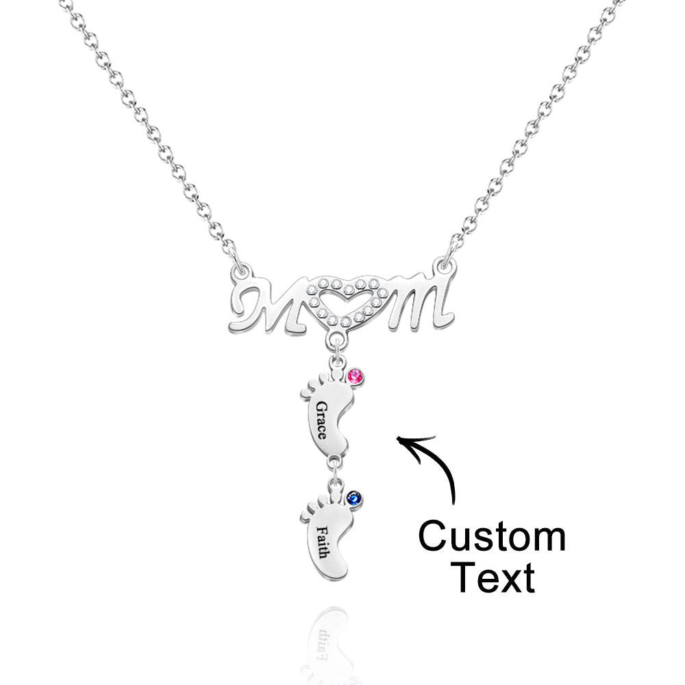 Mother's Necklace With Small Custom Name & Birthstone Baby Foot Charms - soufeelmy