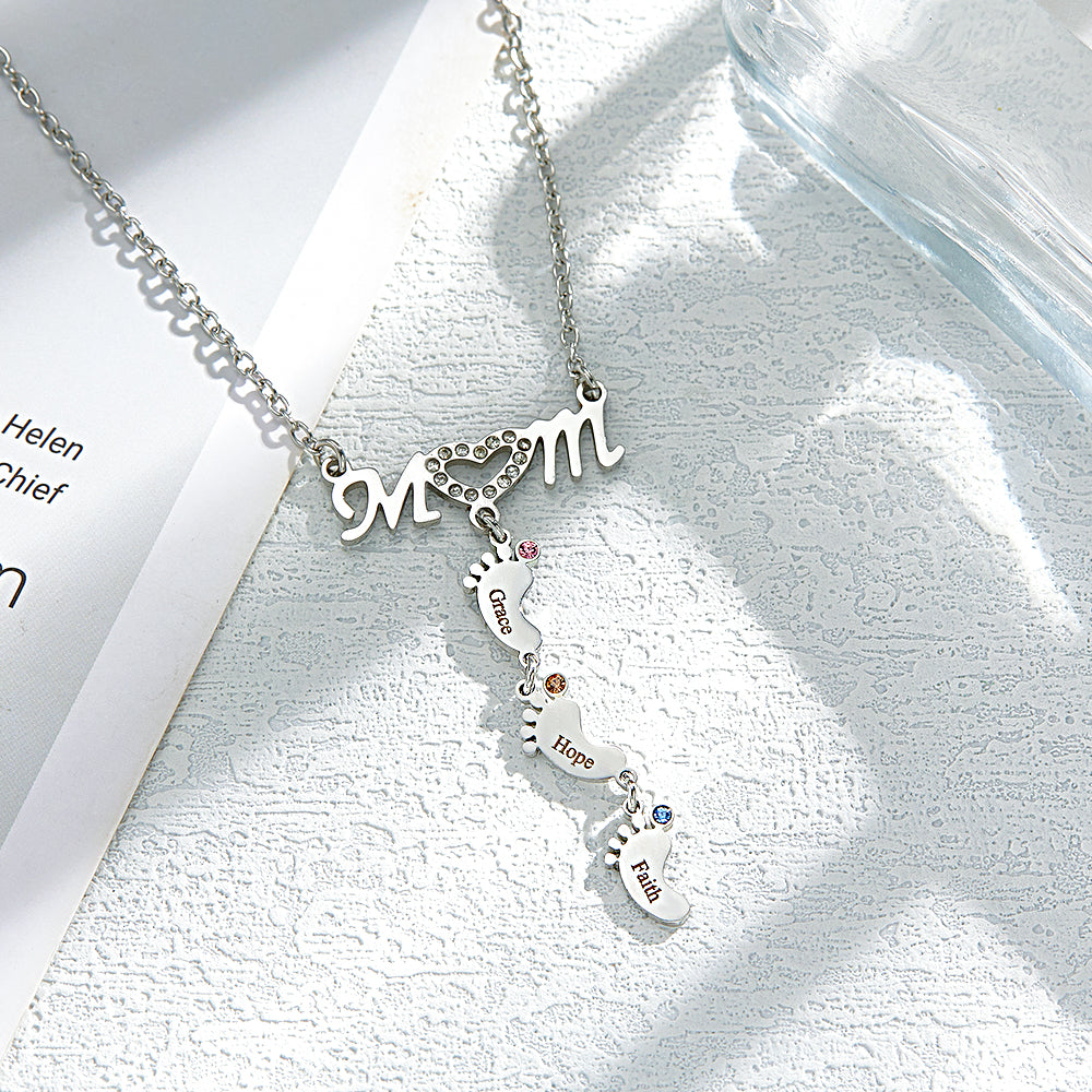 Mother's Necklace With Small Custom Name & Birthstone Baby Foot Charms - soufeelmy