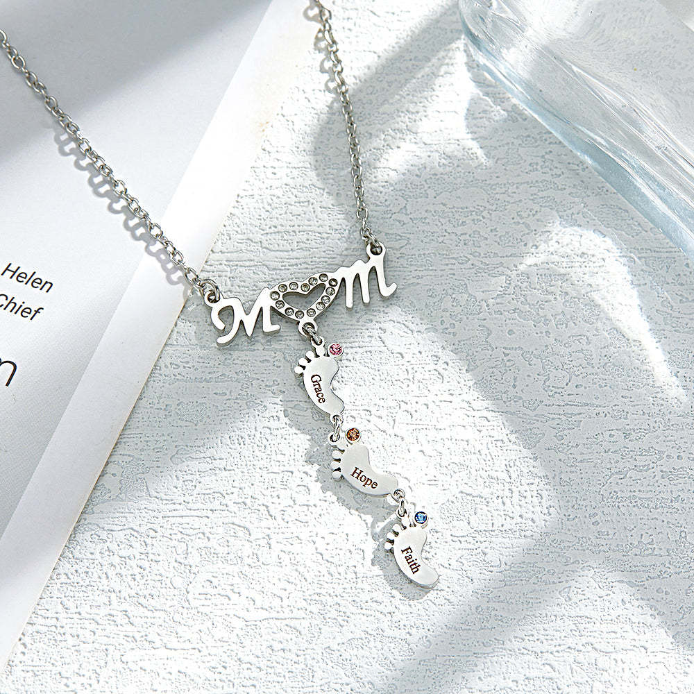 Mother's Necklace With Small Custom Name & Birthstone Baby Foot Charms - soufeelmy