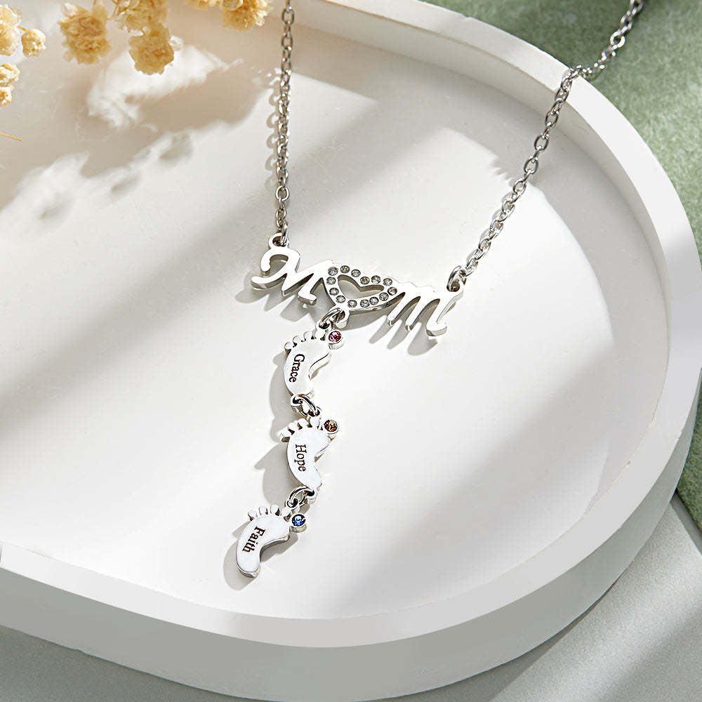 Mother's Necklace With Small Custom Name & Birthstone Baby Foot Charms - soufeelmy
