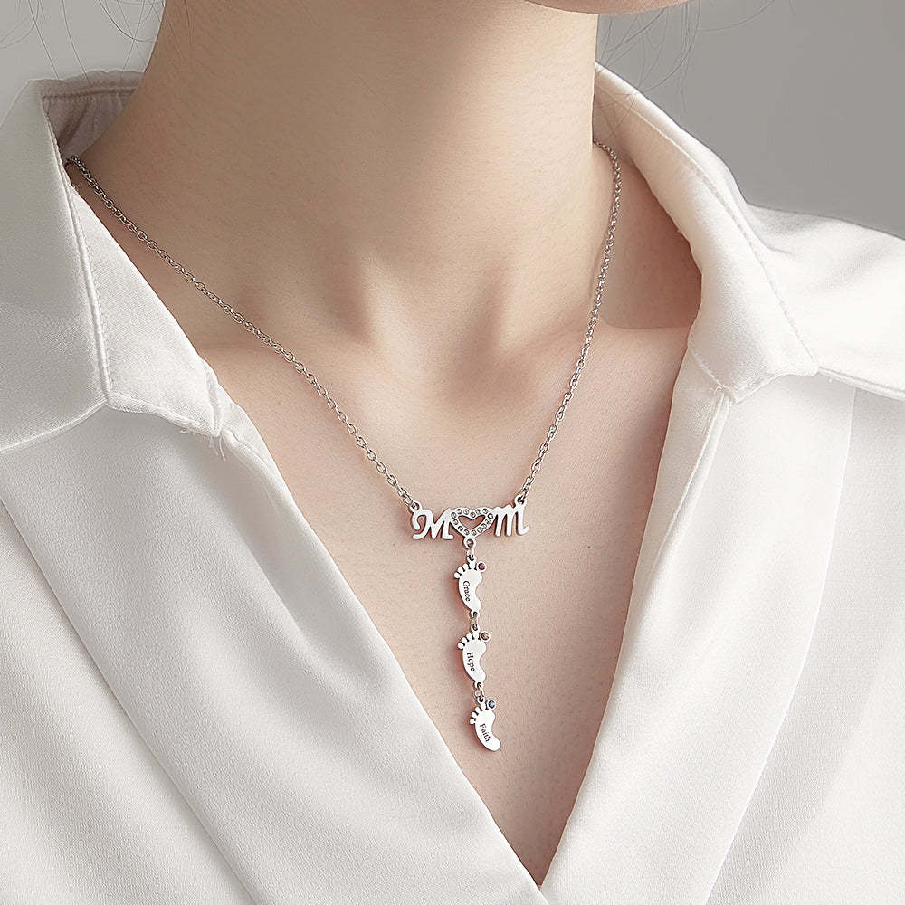 Mother's Necklace With Small Custom Name & Birthstone Baby Foot Charms - soufeelmy