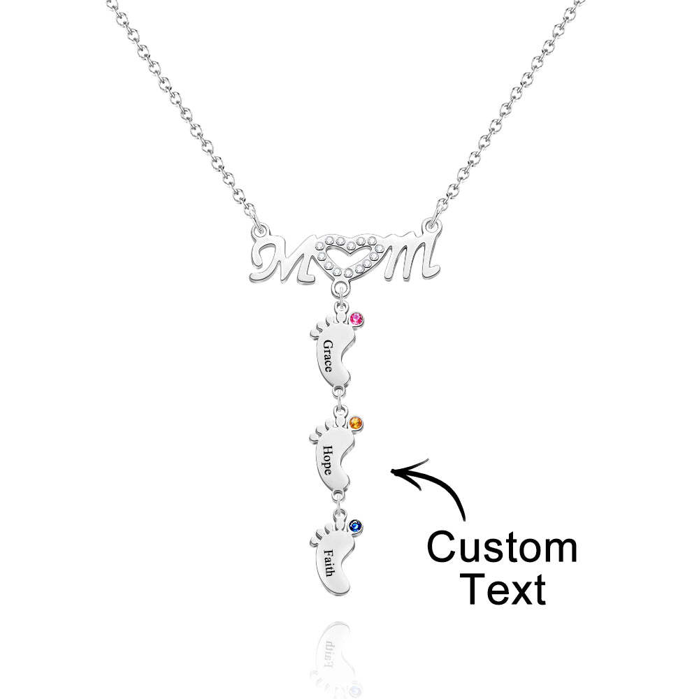 Mother's Necklace With Small Custom Name & Birthstone Baby Foot Charms - soufeelmy