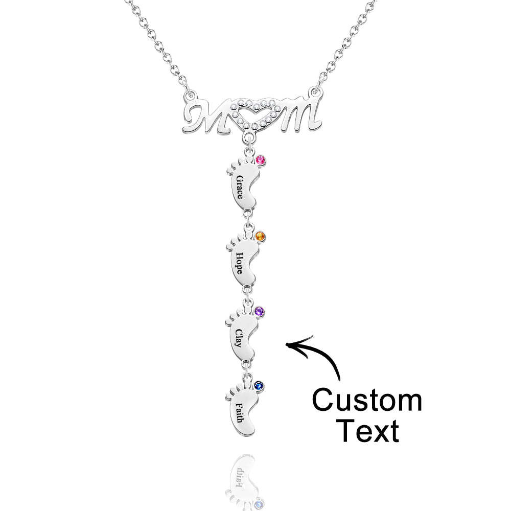 Mother's Necklace With Small Custom Name & Birthstone Baby Foot Charms - soufeelmy