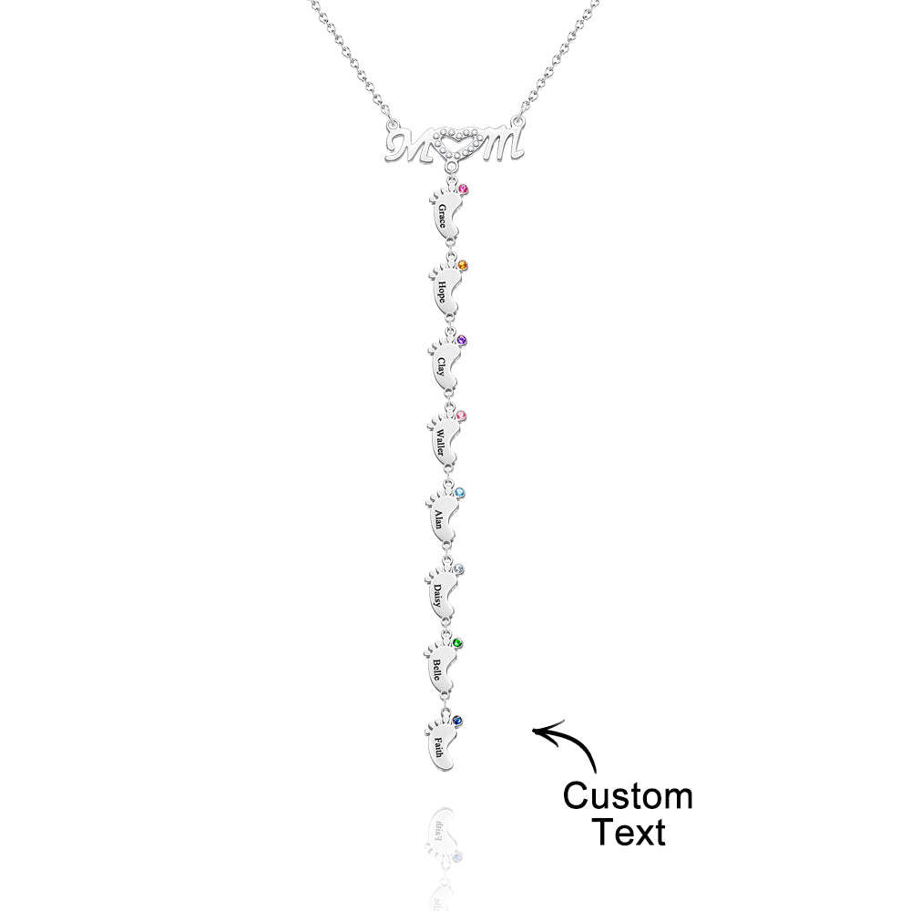 Mother's Necklace With Small Custom Name & Birthstone Baby Foot Charms - soufeelmy