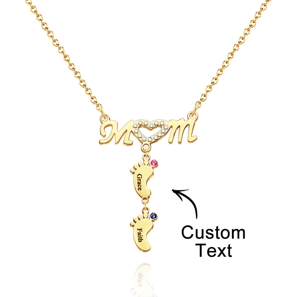 Mother's Necklace With Small Custom Name & Birthstone Baby Foot Charms - soufeelmy