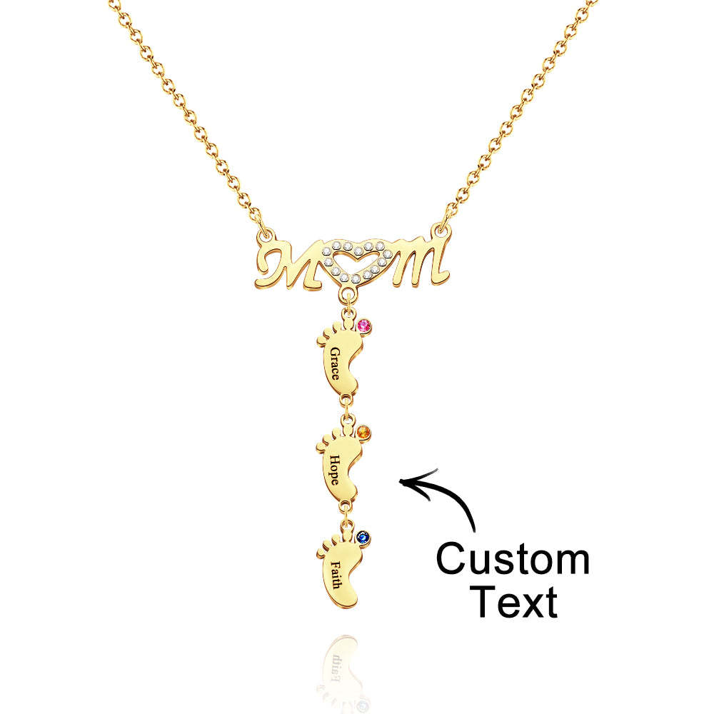 Mother's Necklace With Small Custom Name & Birthstone Baby Foot Charms - soufeelmy