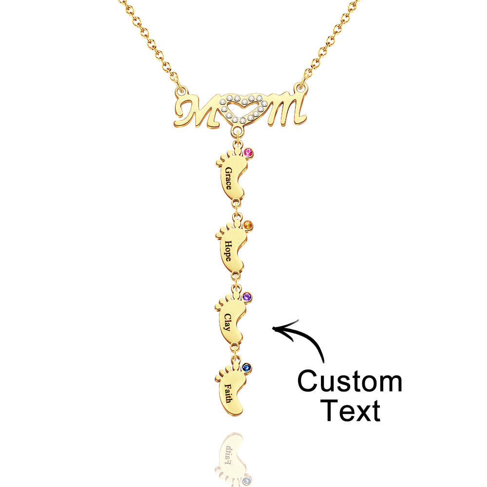 Mother's Necklace With Small Custom Name & Birthstone Baby Foot Charms - soufeelmy