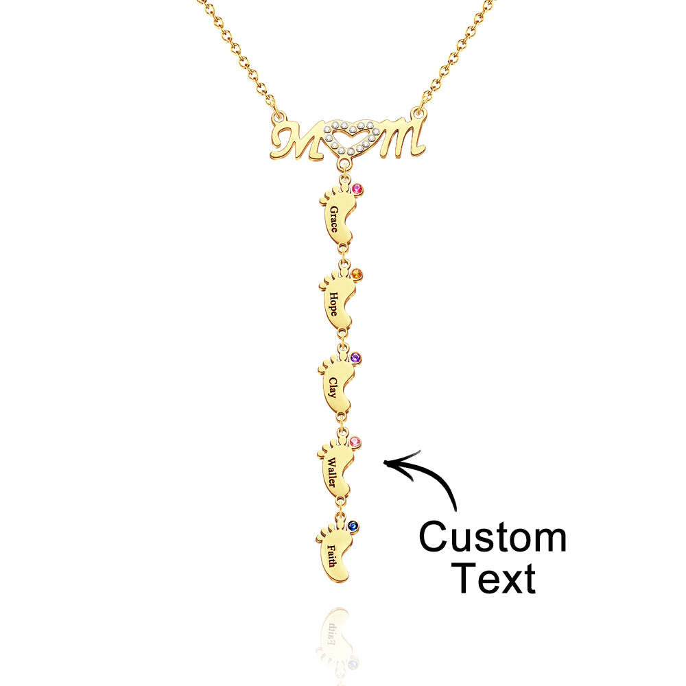 Mother's Necklace With Small Custom Name & Birthstone Baby Foot Charms - soufeelmy