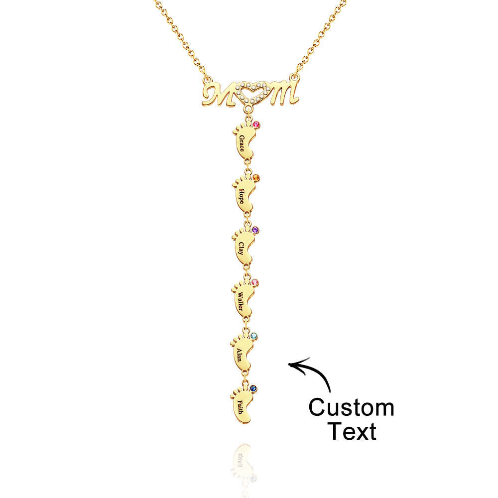 Mother's Necklace With Small Custom Name & Birthstone Baby Foot Charms - soufeelmy