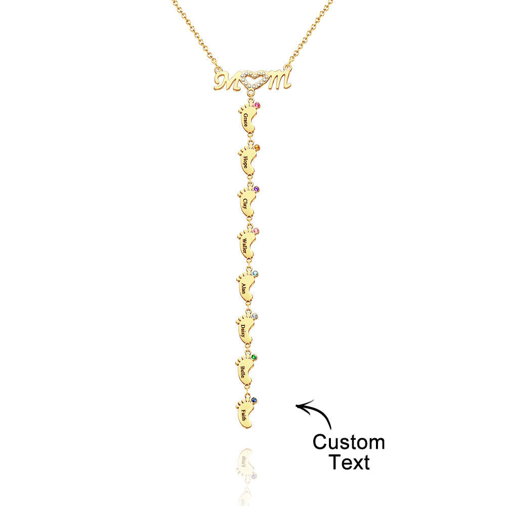 Mother's Necklace With Small Custom Name & Birthstone Baby Foot Charms - soufeelmy