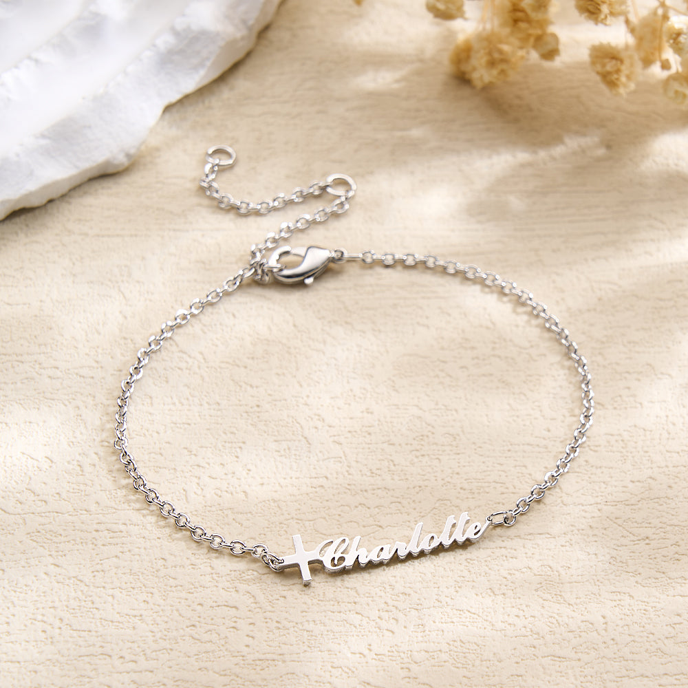 Custom Cross Name Bracelet Baptism Gift Personalized Cross Bracelet with Name - soufeelmy