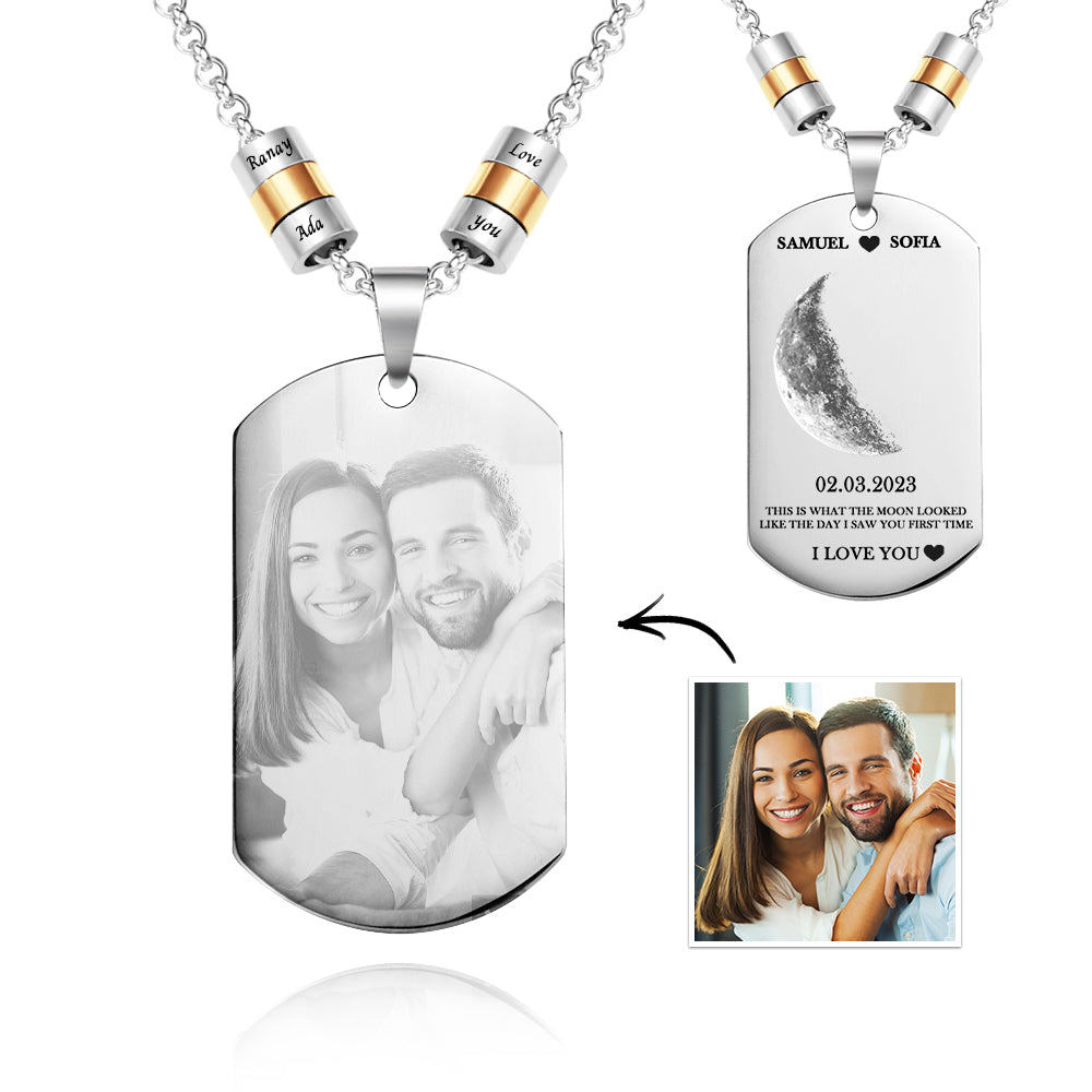 Personalized Moon Phase Photo Necklace With Engraved Beads Edgy Pendant Gifts For Lovers