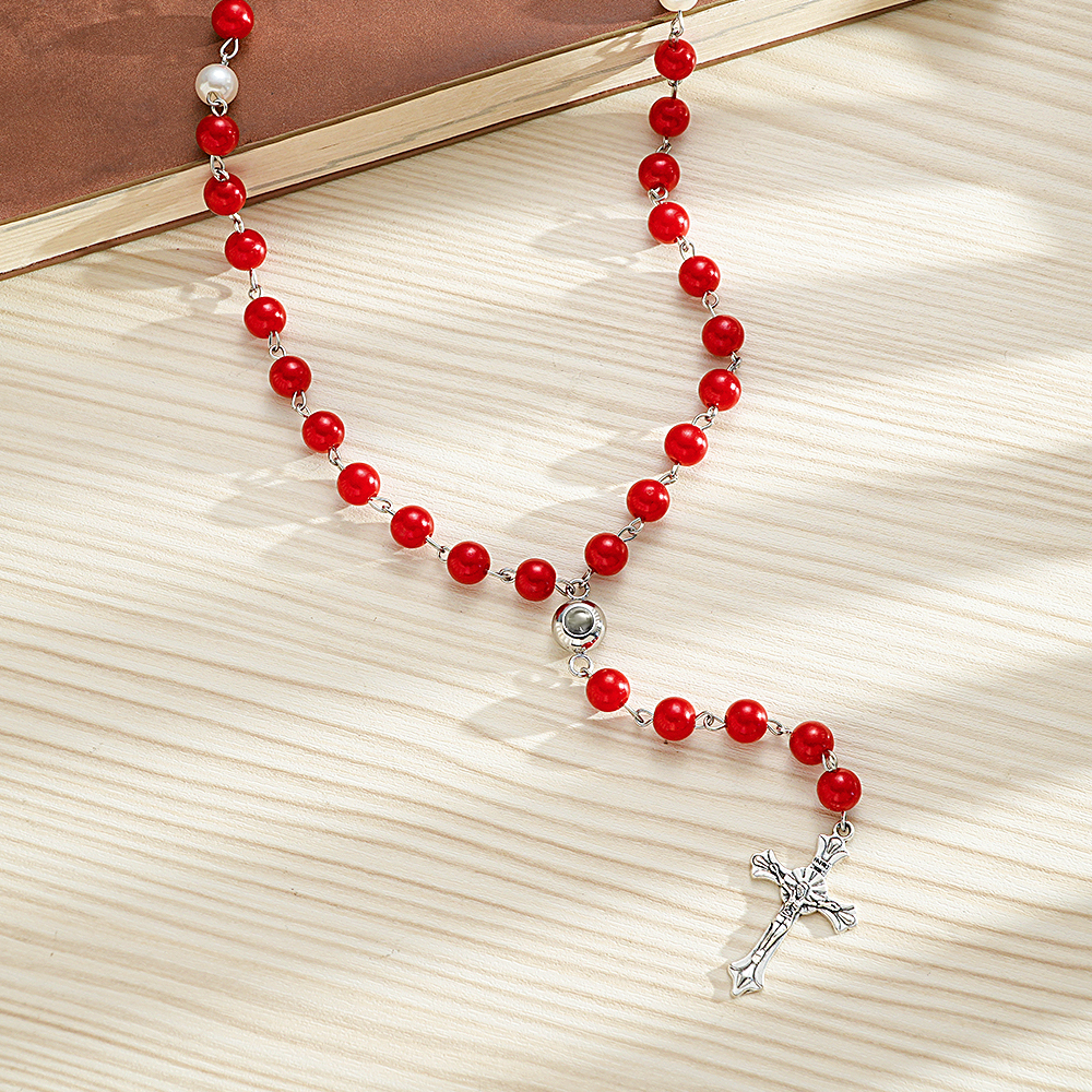 Personalized Photo Projection Multi-Color Rosary Beads Cross Necklace with Photo Memorial Gift for Women - soufeelmy