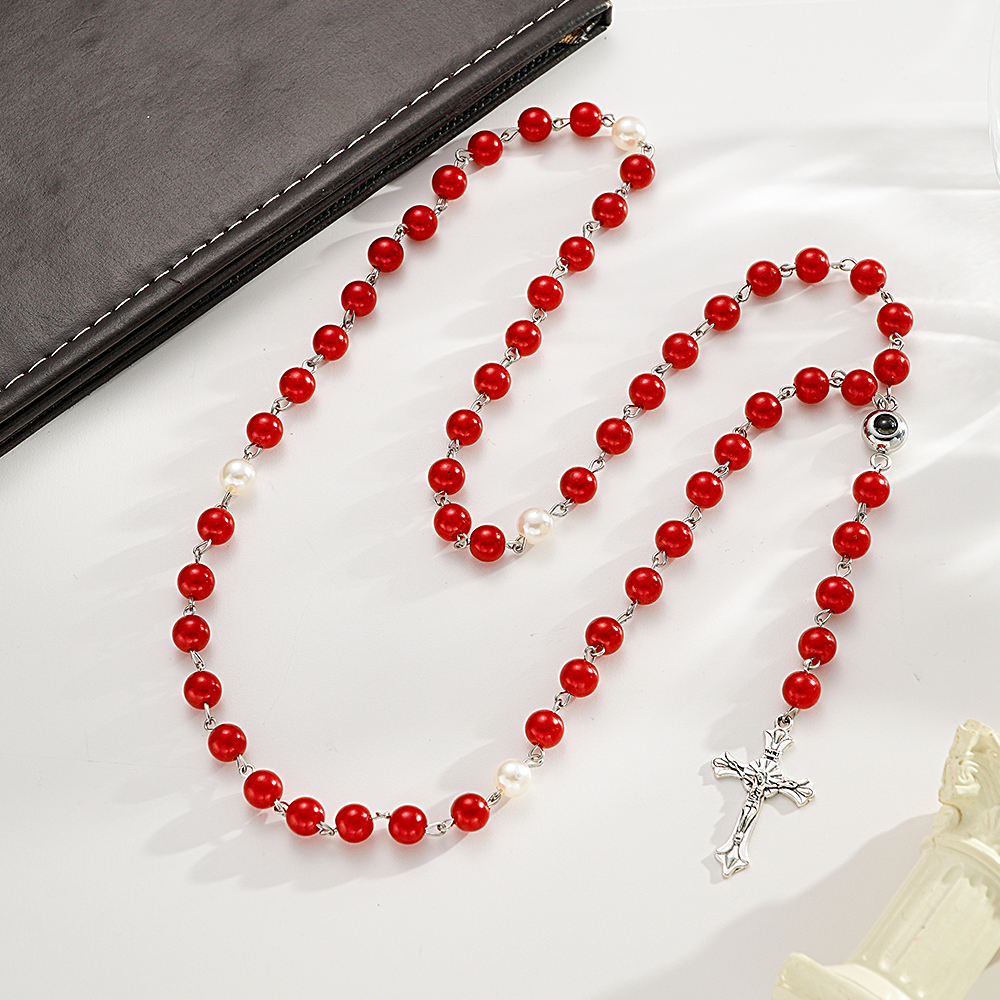 Personalized Photo Projection Multi-Color Rosary Beads Cross Necklace with Photo Memorial Gift for Women - soufeelmy