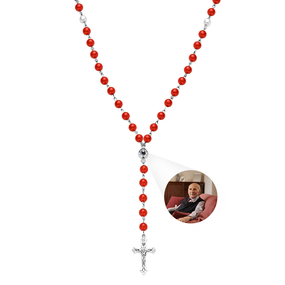 Personalized Photo Projection Multi-Color Rosary Beads Cross Necklace with Photo Memorial Gift for Women - soufeelmy