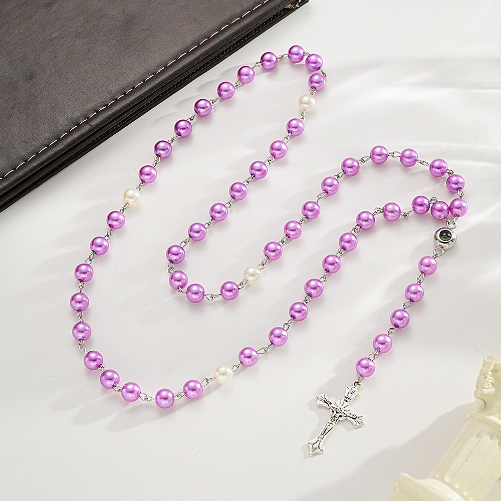 Personalized Photo Projection Multi-Color Rosary Beads Cross Necklace with Photo Memorial Gift for Women - soufeelmy