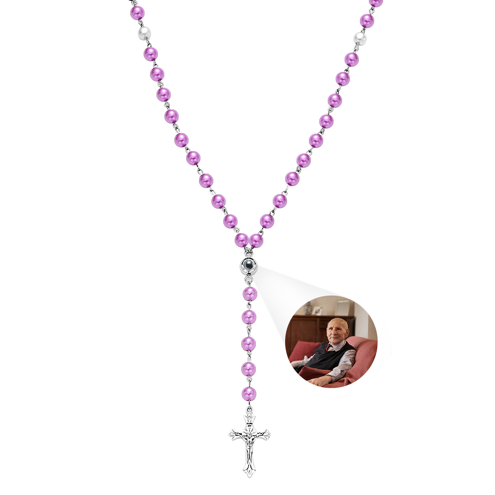Personalized Photo Projection Multi-Color Rosary Beads Cross Necklace with Photo Memorial Gift for Women - soufeelmy