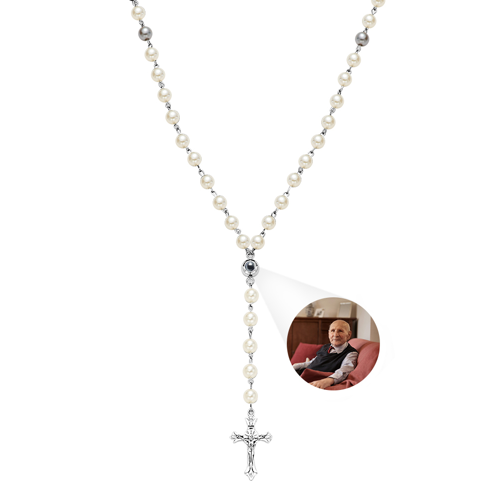 Personalized Photo Projection Multi-Color Rosary Beads Cross Necklace with Photo Memorial Gift for Women - soufeelmy