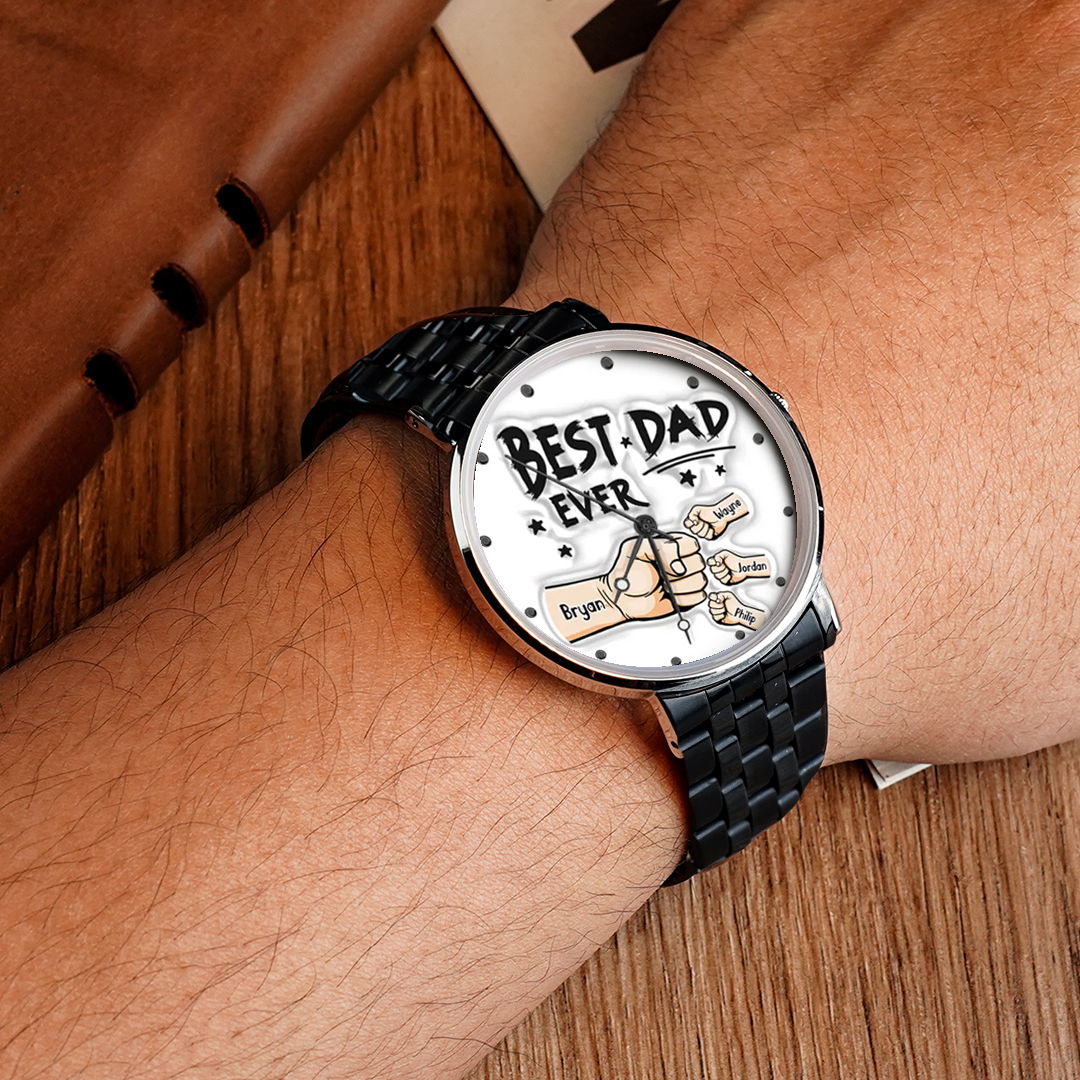 Custom Engraved Watch Men's Black Alloy Watch Holding Hands Bracelet Father's Day Gift for Dad - soufeelau