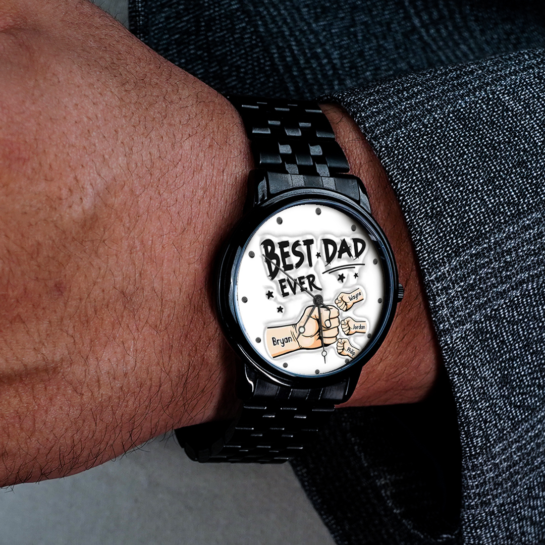 Custom Engraved Watch Men's Black Alloy Watch Holding Hands Bracelet Father's Day Gift for Dad - soufeelau
