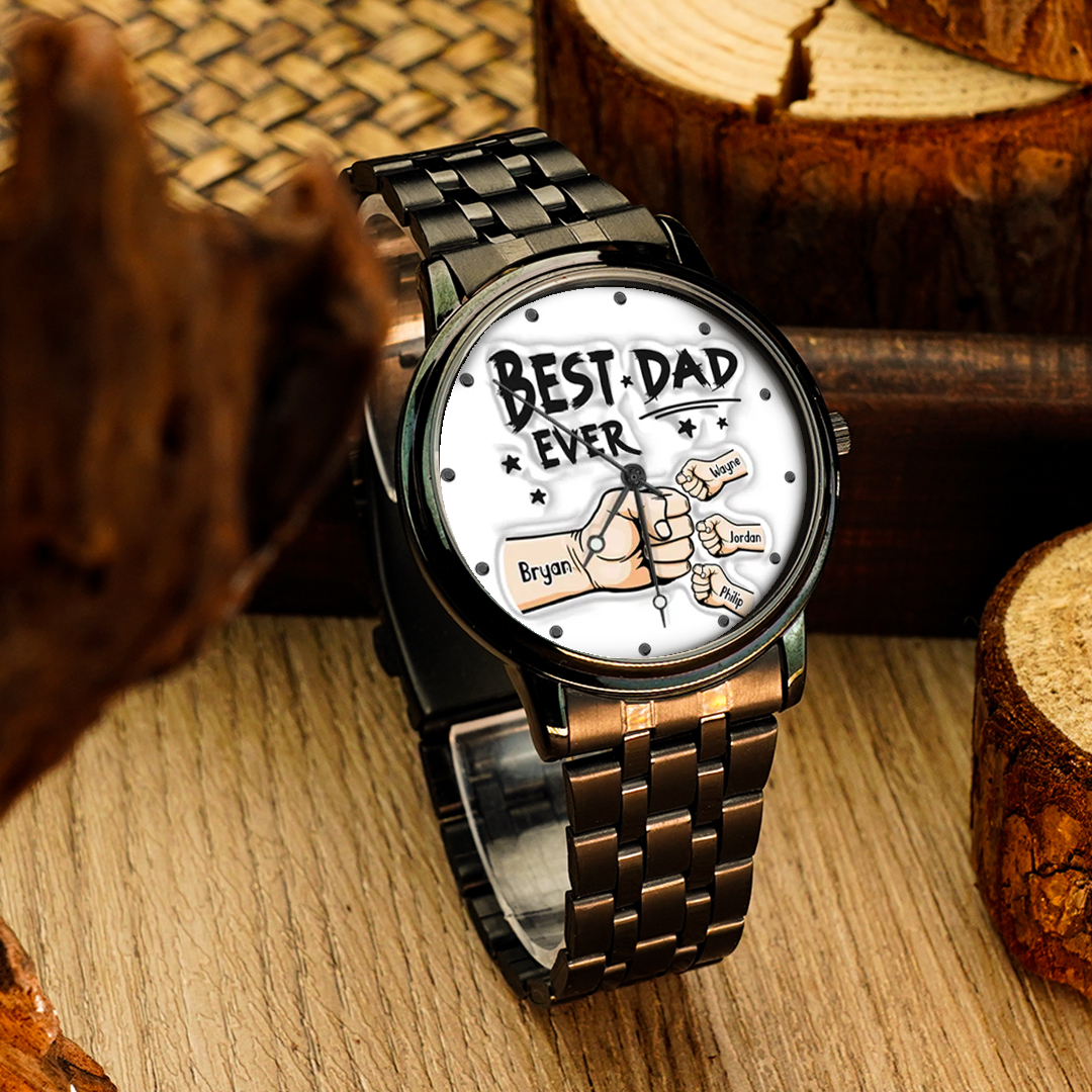 Custom Engraved Watch Men's Black Alloy Watch Holding Hands Bracelet Father's Day Gift for Dad - soufeelau