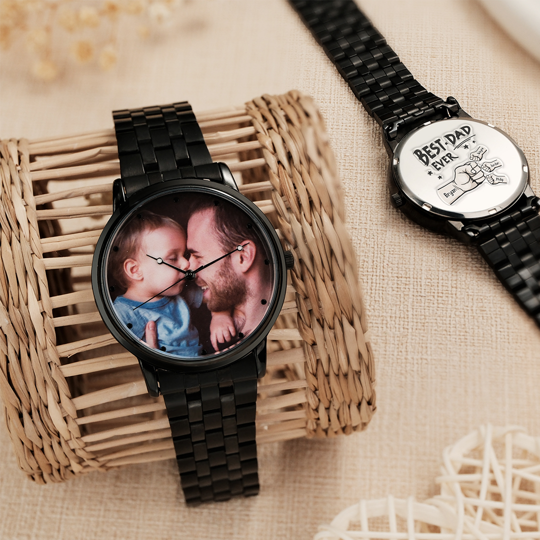 Custom Photo Watch Men's Black Alloy Bracelet Holding Hands Engraved Name Watch Father's Day Gift For Dad - soufeelau