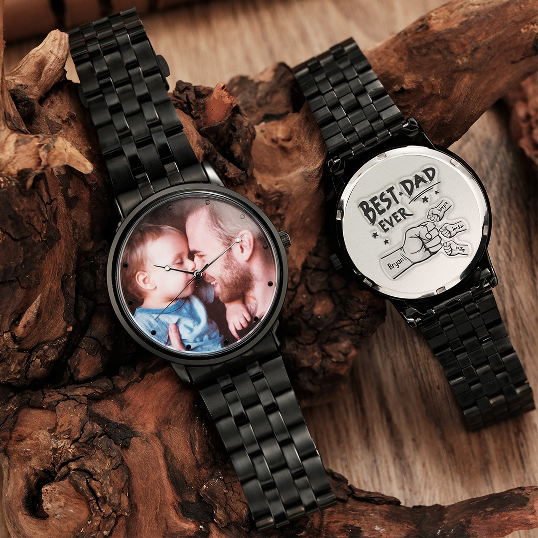 Custom Photo Watch Men's Black Alloy Bracelet Holding Hands Engraved Name Watch Father's Day Gift For Dad - soufeelau