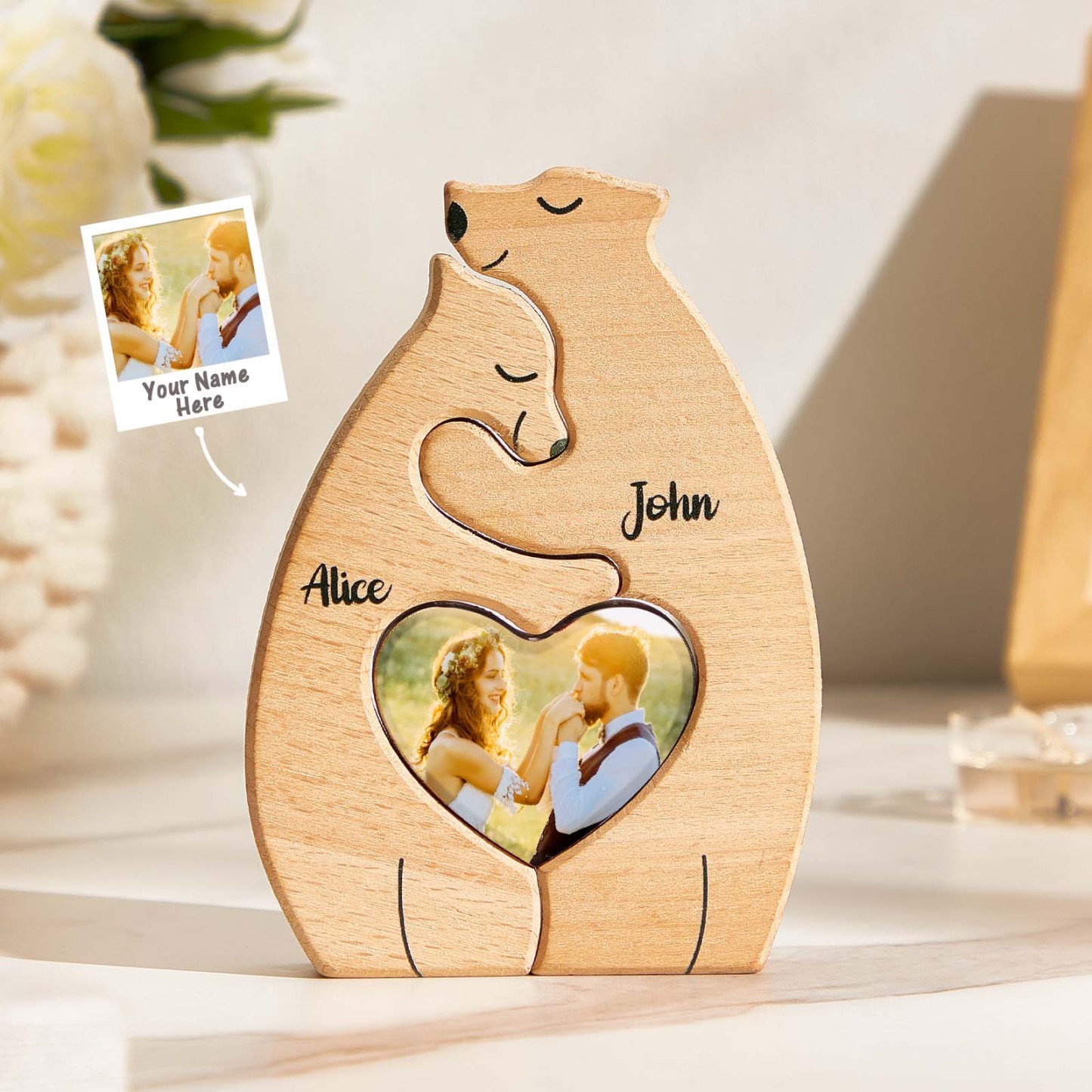 Personalized Bear Couple Wooden Art Puzzle with Names and Photos Gift for Couple - soufeelau