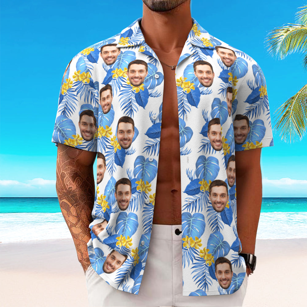 Custom Hawaiian Shirt for Men Personalized Short Sleeves Shirt with Picture Face Photo Printed Hawaii Shirt Blue Flower - MyHawaiianShirts