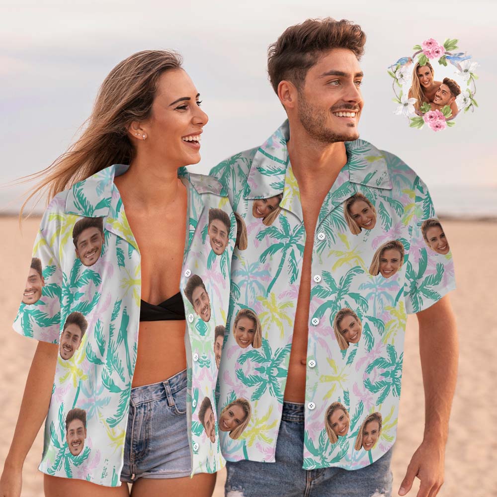 Custom Face Hawaiian Shirt Couple Outfit Vibe Vocation Hawaiian Shirt Colorful Palm Trees - MyHawaiianShirts