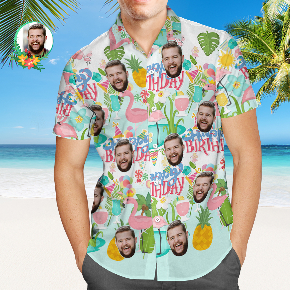 Custom Happy Birthday Hawaiian Shirt Flamingo Party Personalized Face Shirt