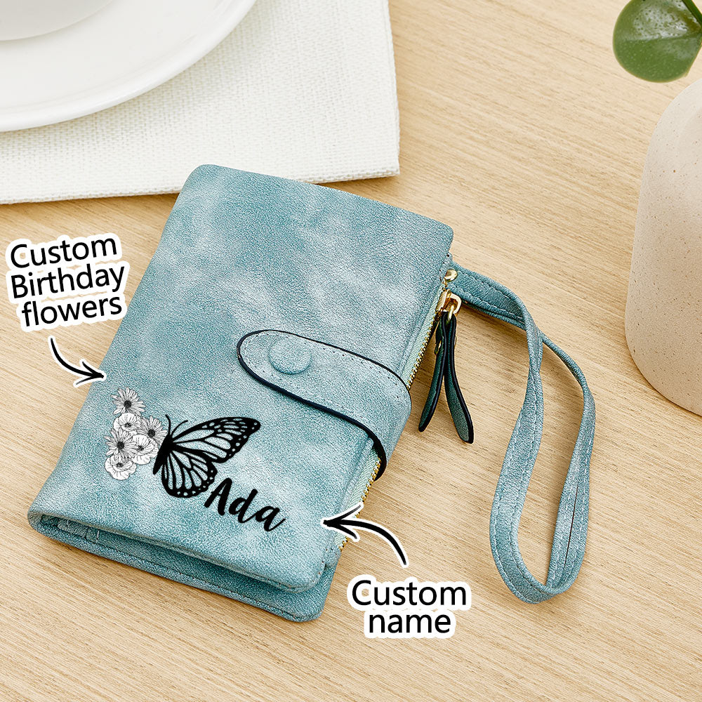Custom Tri-Fold Butterfly Birth Flower Leather Wallet with Coin Holder Personalized Mother's Day Gift for Woman - soufeelau