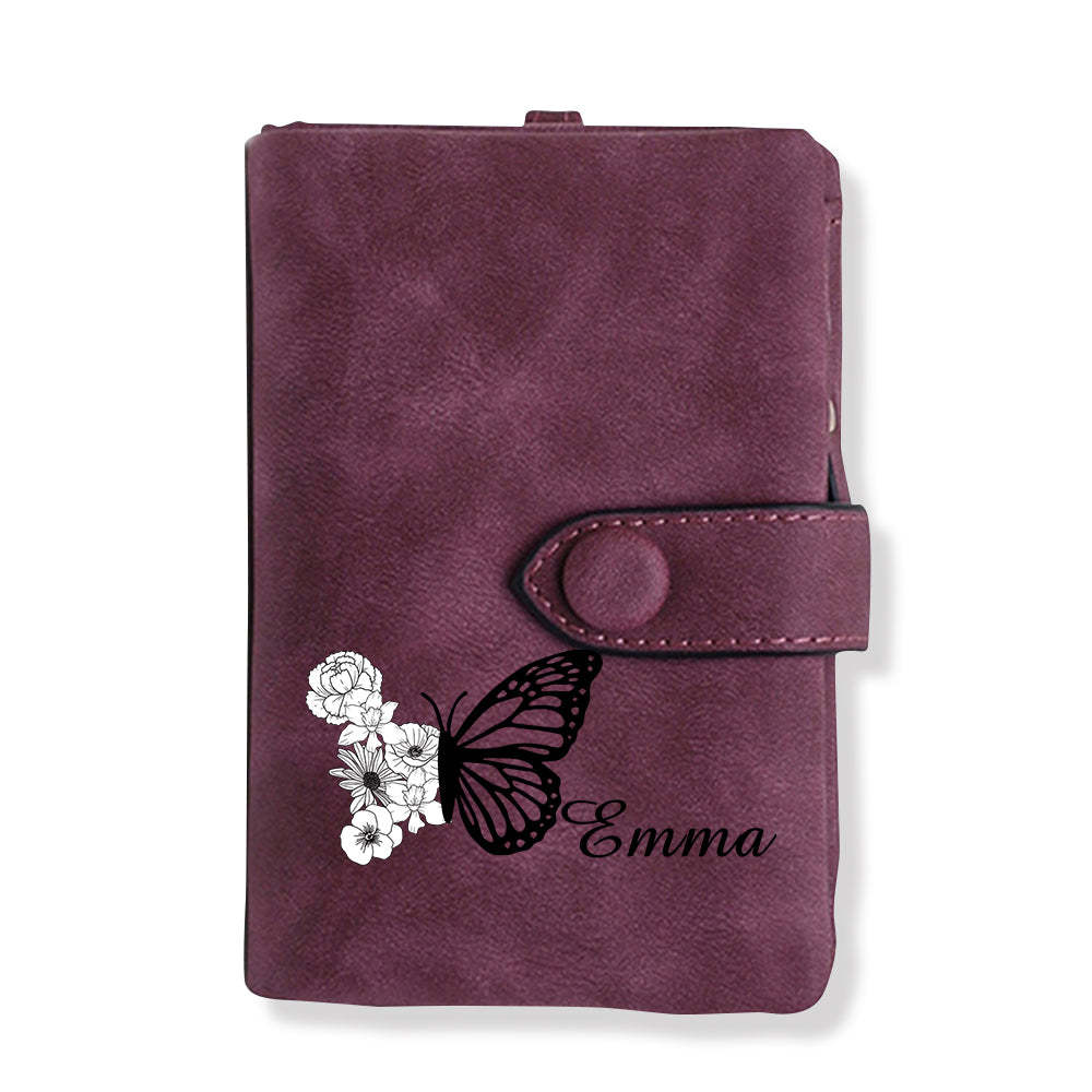 Custom Tri-Fold Butterfly Birth Flower Leather Wallet with Coin Holder Personalized Mother's Day Gift for Woman - soufeelau