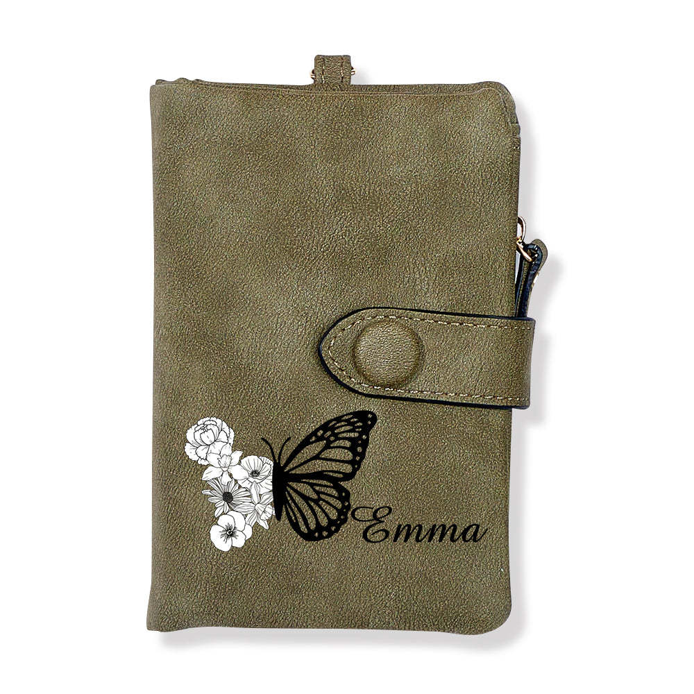 Custom Tri-Fold Butterfly Birth Flower Leather Wallet with Coin Holder Personalized Mother's Day Gift for Woman - soufeelau