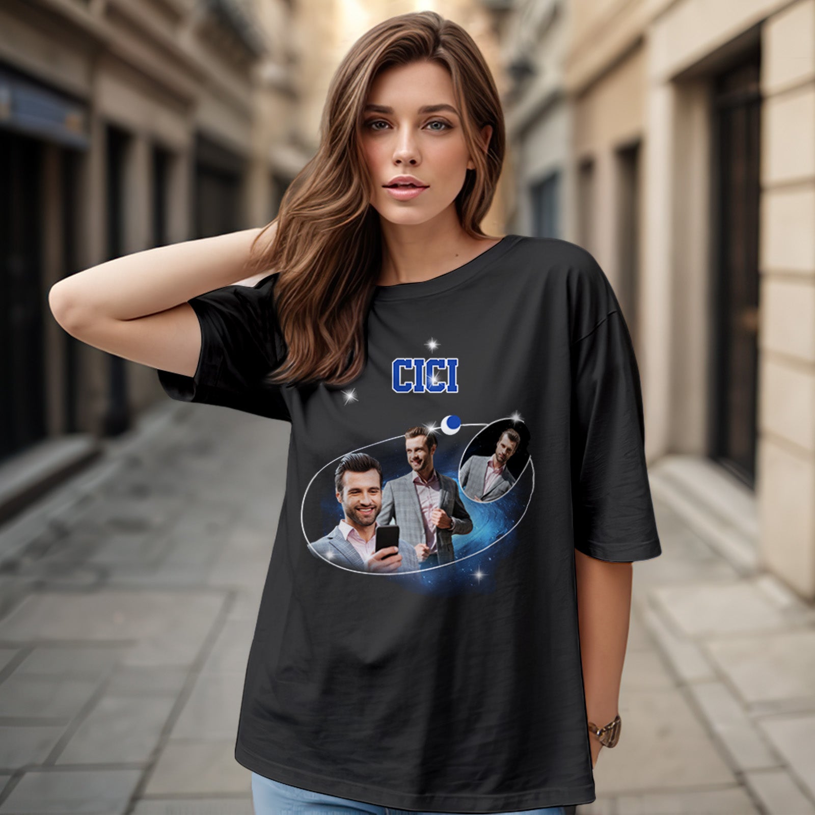 Custom Photo and Name Vintage T-Shirt Cosmic Galaxy and Crescent Moon Vintage T-Shirt Gift For Men - MyHawaiianShirts