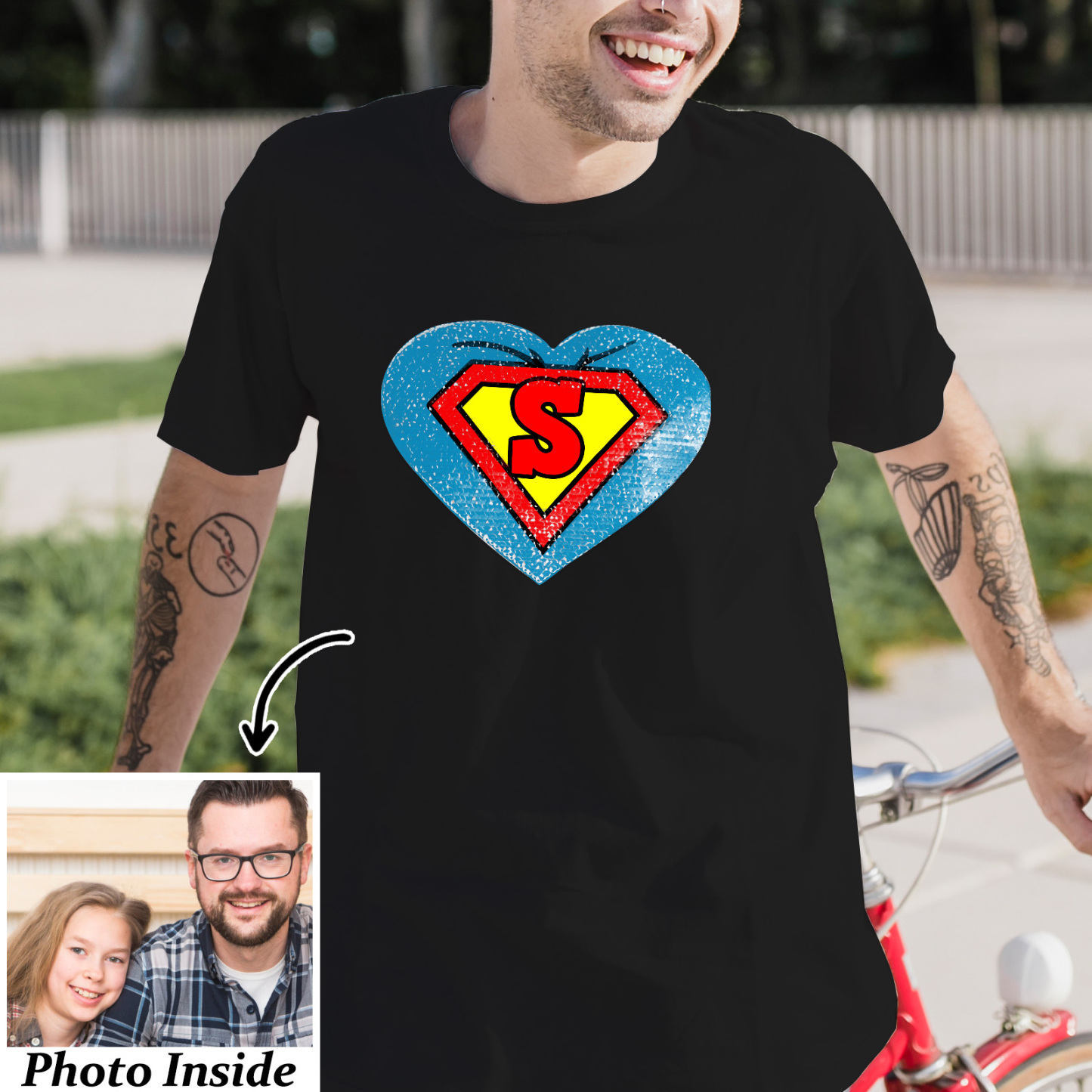 Custom Photo Heart Flip Double Sided Sequin T-shirt Personalized Picture Sequin Tee Father's Day Gifts Super Dad - soufeelau