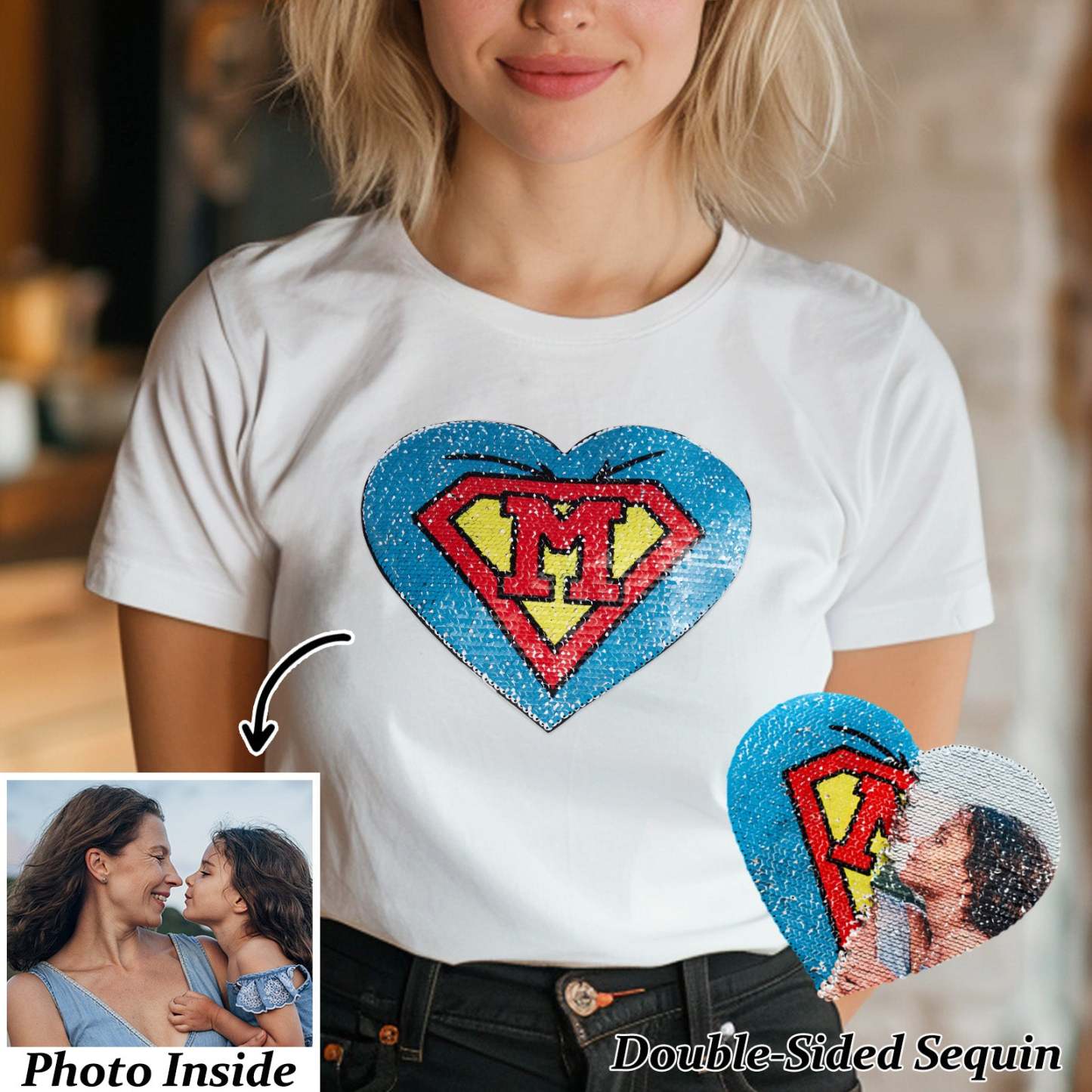 Custom Photo Heart Flip Double Sided Sequin T-shirt Personalized Picture Sequin Tee Mother's Day Gifts - soufeelau