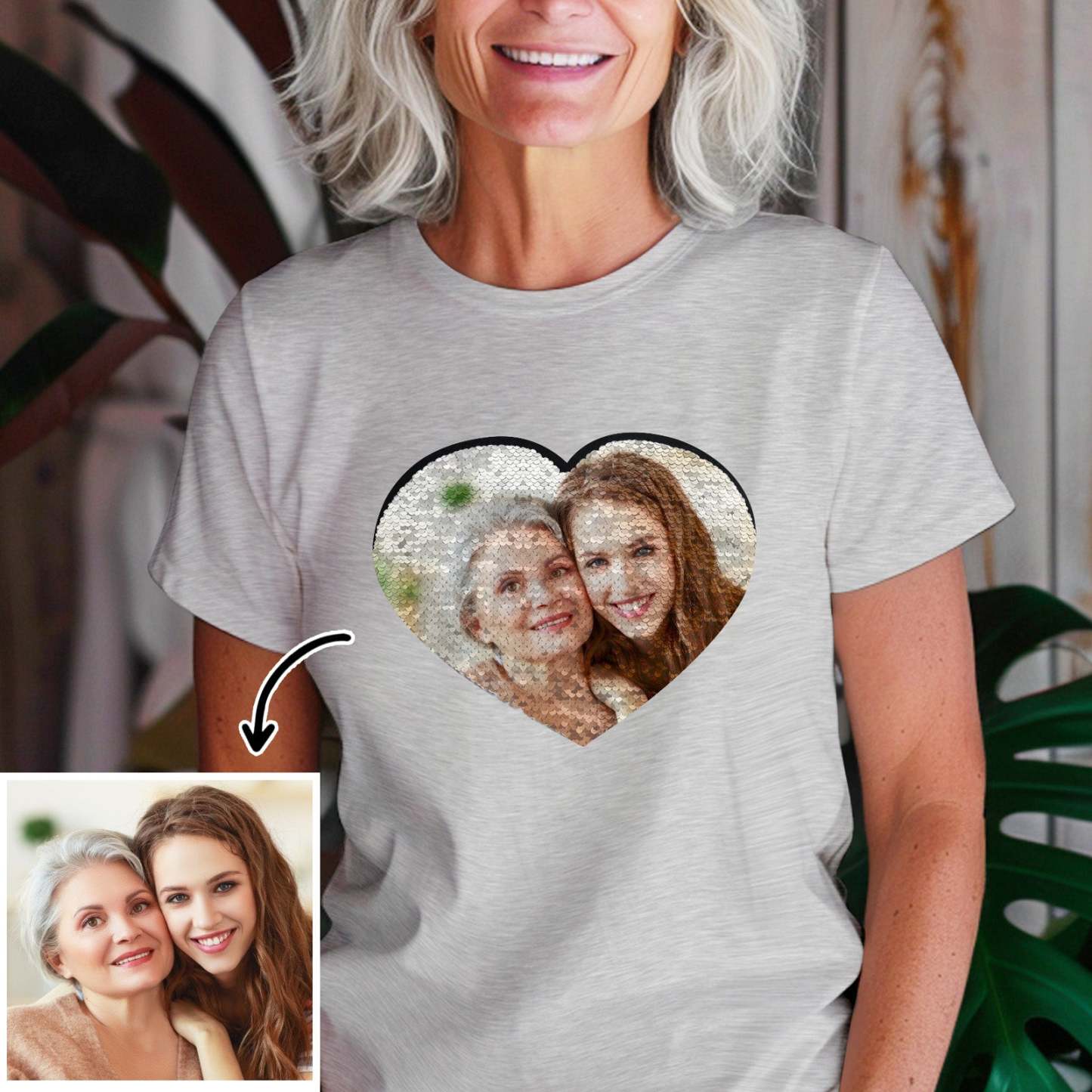 Custom Photo Heart Flip Double Sided Sequin T-shirt Personalized Picture Sequin Tee Mother's Day Gifts - soufeelau