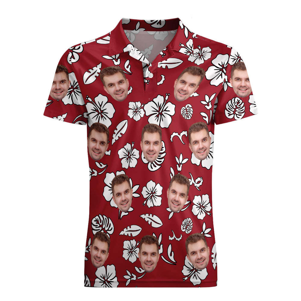 Men's Custom Face POLO Shirt Personalized Red Golf Shirts For Him White Leaves - MyHawaiianShirts