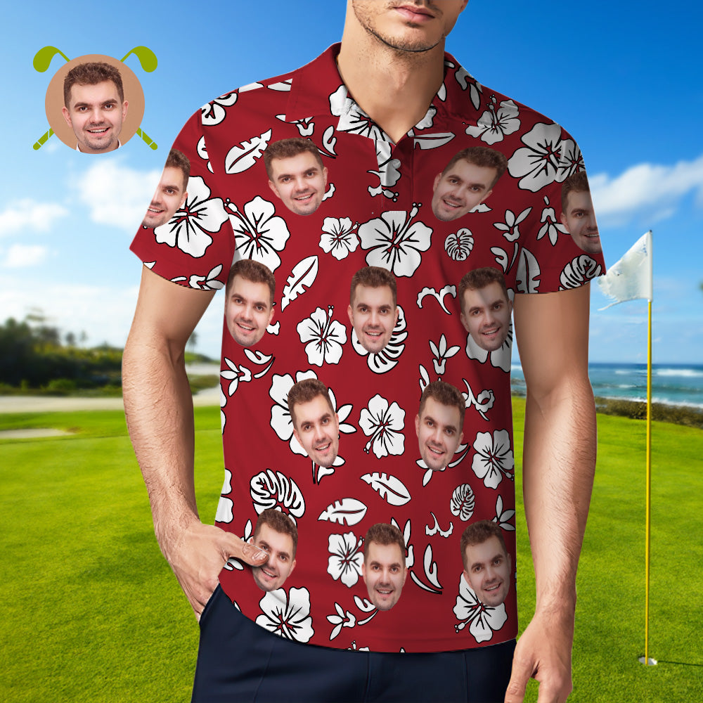 Men's Custom Face POLO Shirt Personalized Red Golf Shirts For Him White Leaves - MyHawaiianShirts